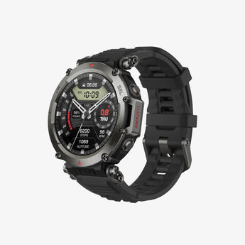Black smartwatch with digital display on a light gray background