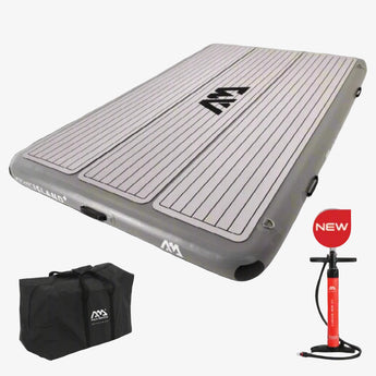 Inflatable water platform by Aqua Marina, shown with a pump and carrying bag, indicating it is designed for water activities such as lounging or as a launch pad for water sports.