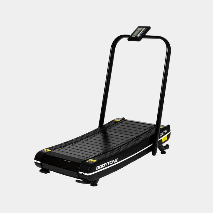 Black treadmill with handlebar on a white background