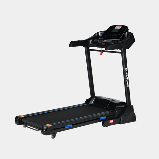 Black treadmill with digital display on a white background