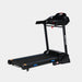 Black treadmill with digital display on a white background