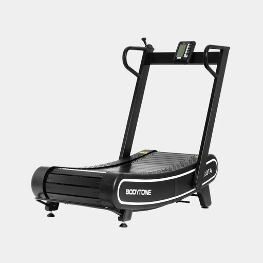 Black treadmill with 'Bodytone' branding on a white background
