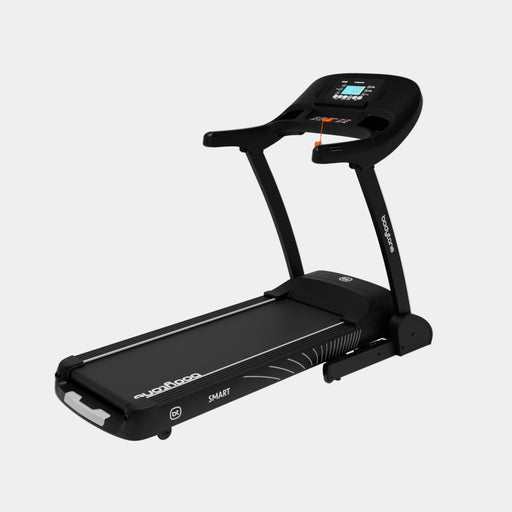 Black treadmill with digital display on a white background