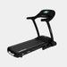 Black treadmill with digital display on a white background