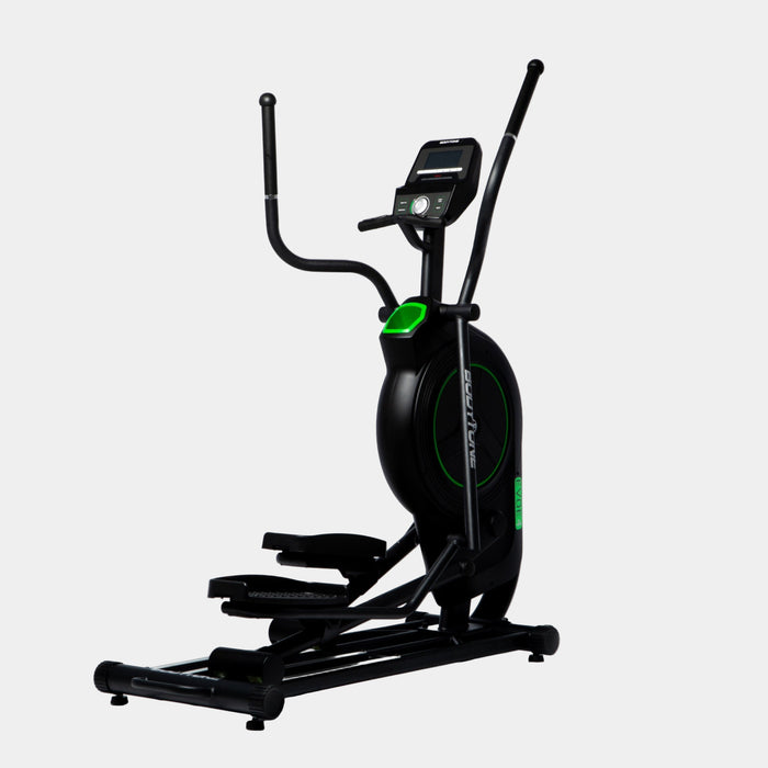 Black elliptical trainer with digital display on a white background