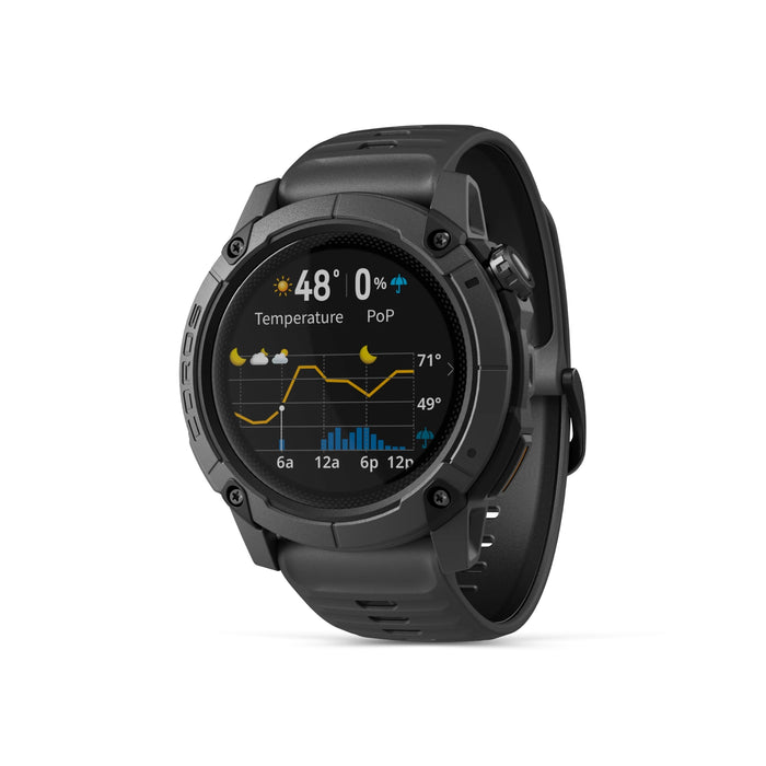Black smartwatch displaying weather information on a white background