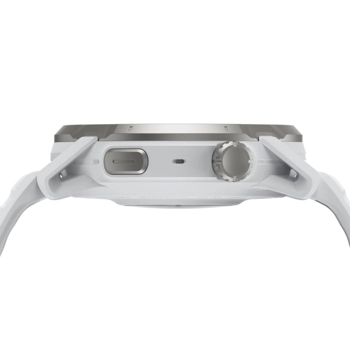 Close-up of a white smartwatch on a white background