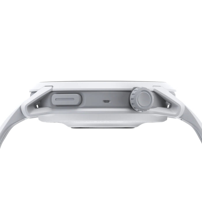 Close-up of a white smartwatch on a white background