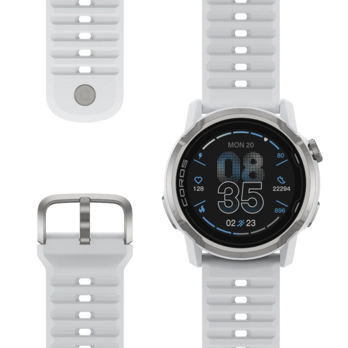 White smartwatch with a black display on a white background
