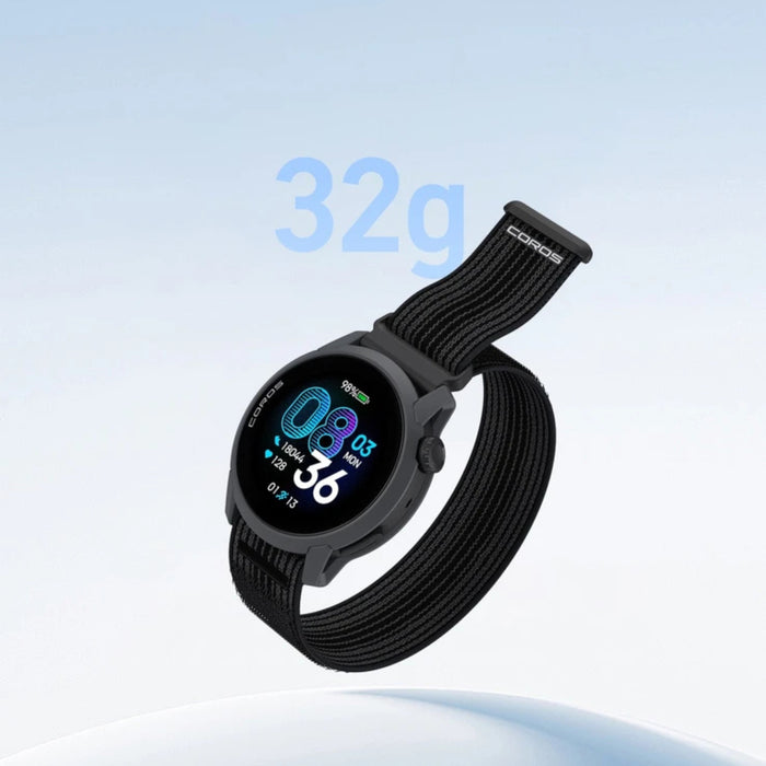 Black smartwatch with a digital display on a light blue background, featuring the brand 'COROS'.