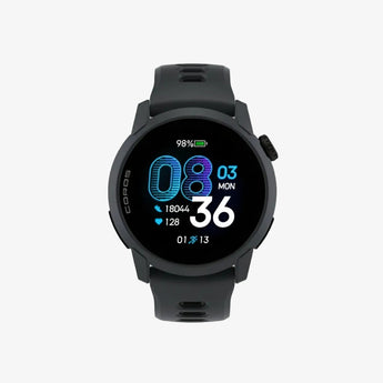 Black smartwatch with a digital display on a white background