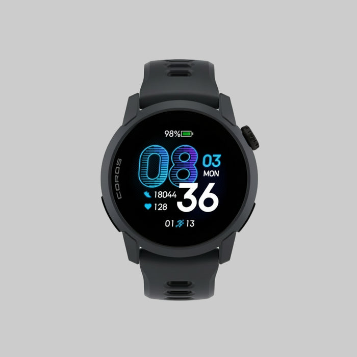 Black smartwatch with a digital display on a white background