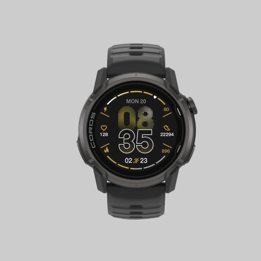 Black smartwatch with digital display on a white background