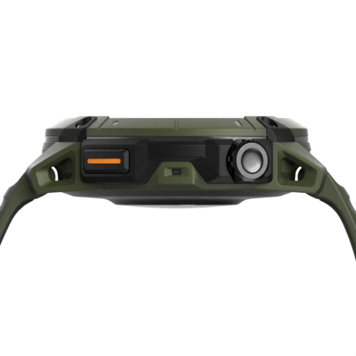 Green rugged device with a white background