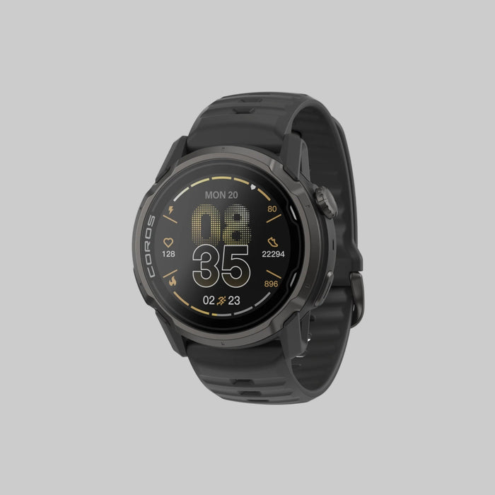 Black smartwatch with digital display on a white background