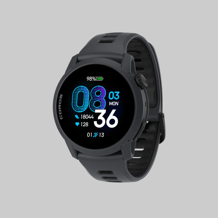 Black smartwatch with a digital display on a white background