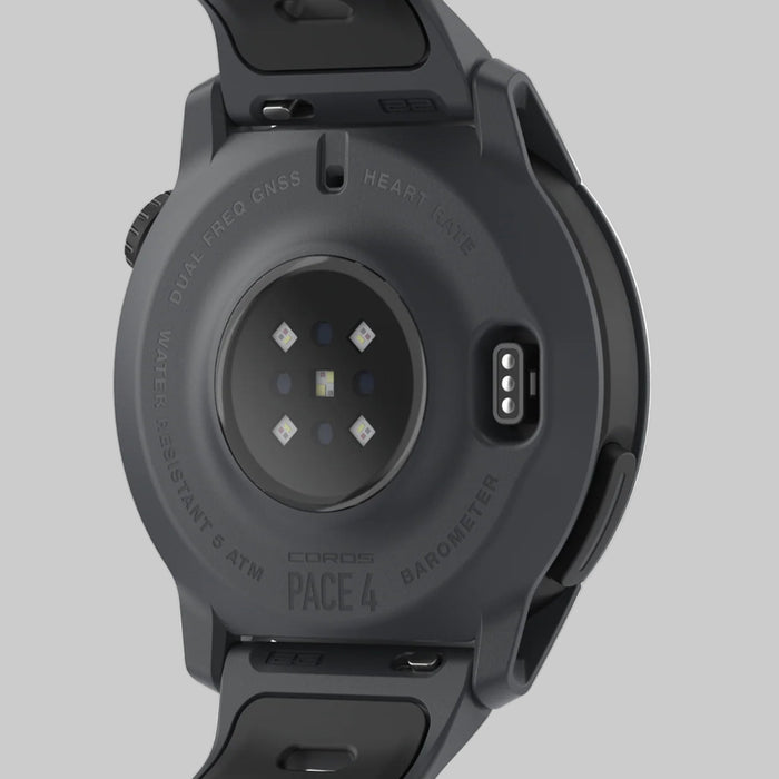 Back view of a Coros Pace 4 smartwatch on a white background