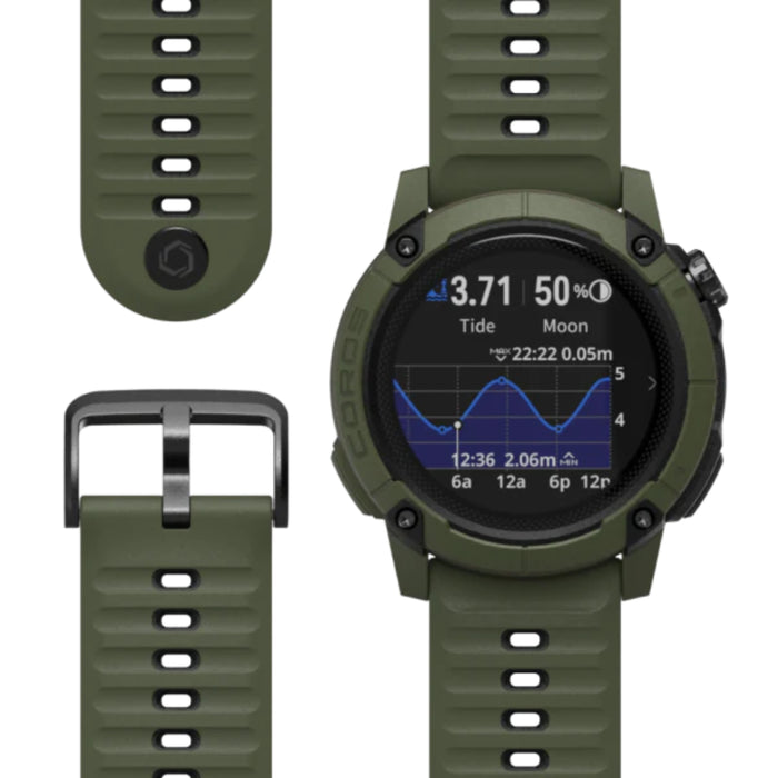 Green smartwatch with detailed display on a white background