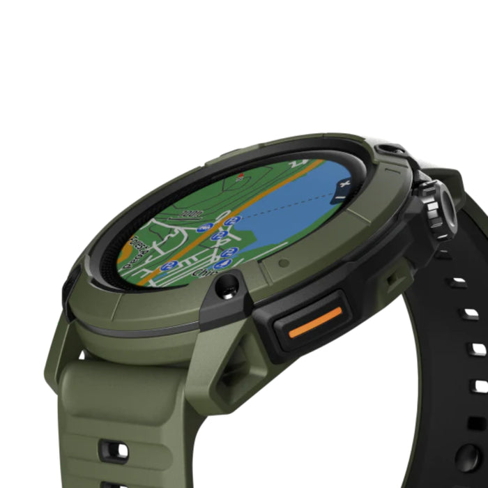Green smartwatch with a map displayed on its screen against a white background