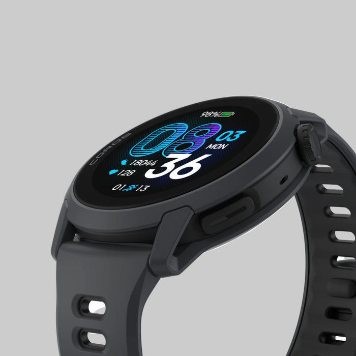 Black smartwatch with a digital display on a white background