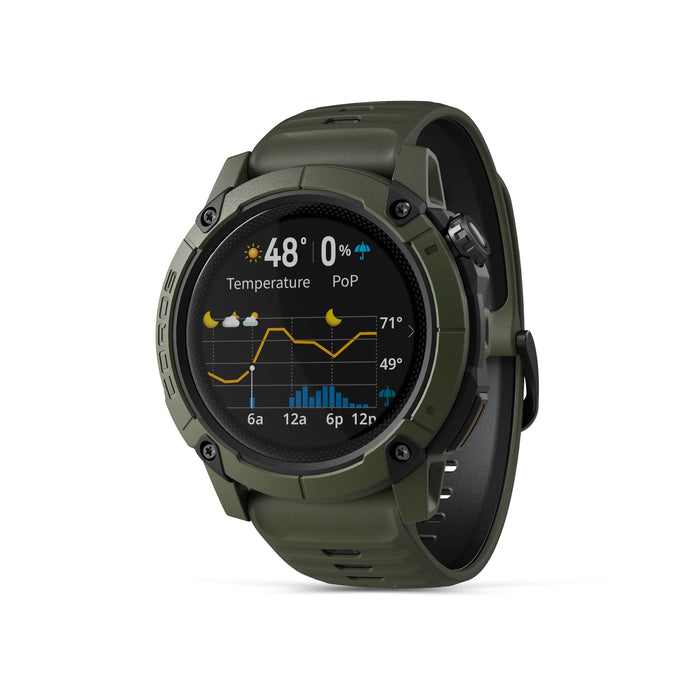 Green smartwatch with a display showing weather information on a white background