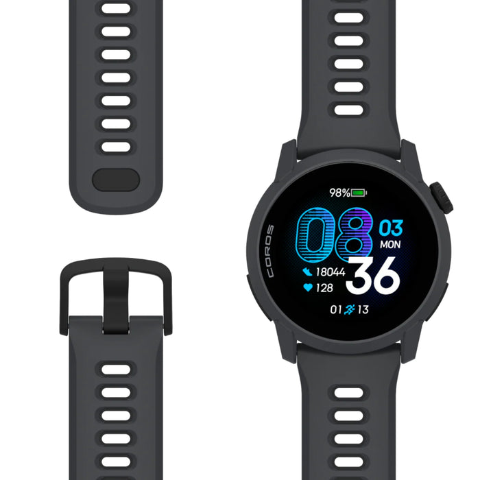 Black smartwatch with a digital display on a white background