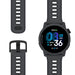 Black smartwatch with a digital display on a white background