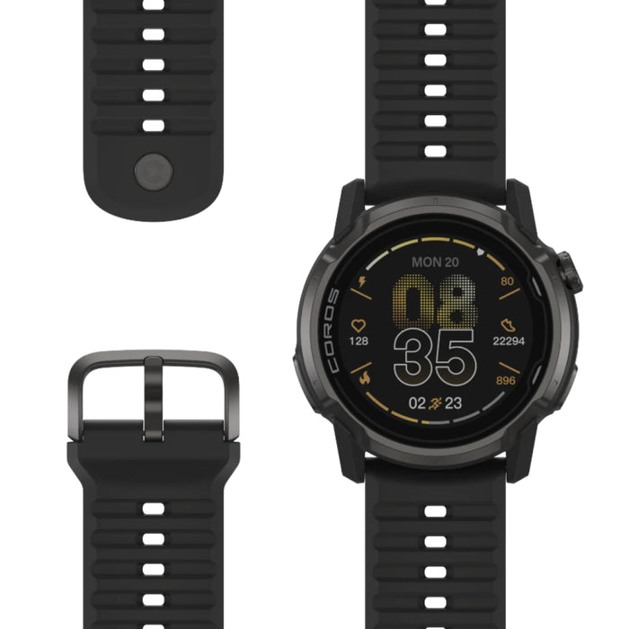 Black smartwatch with digital display on a white background