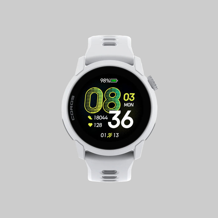 White smartwatch with a black display on a white background