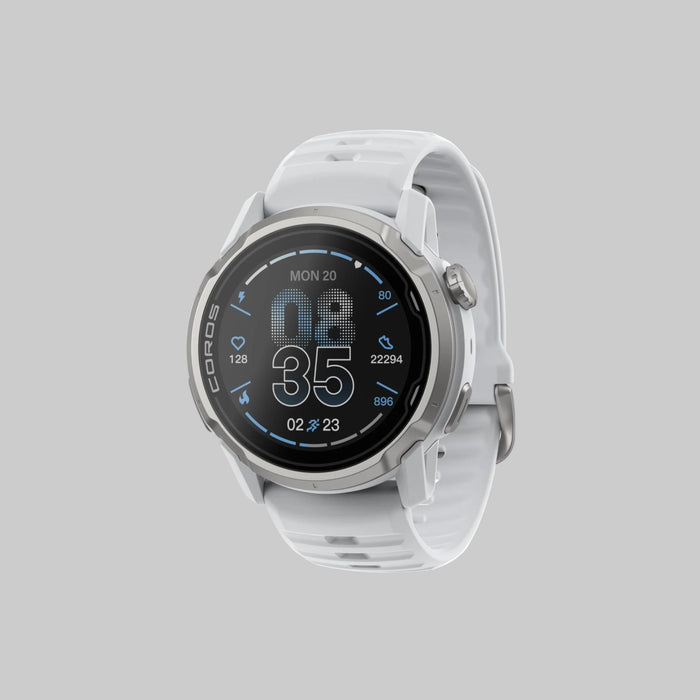 White smartwatch with a digital display on a white background