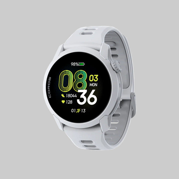 White smartwatch with a black display on a white background