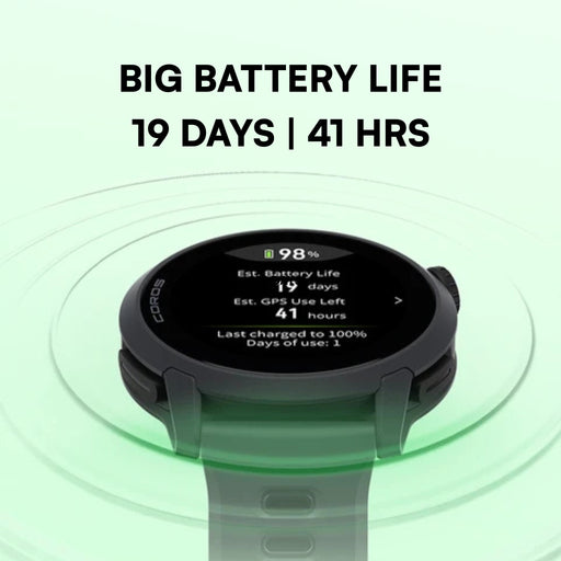 Smartwatch with battery life display on a light green background