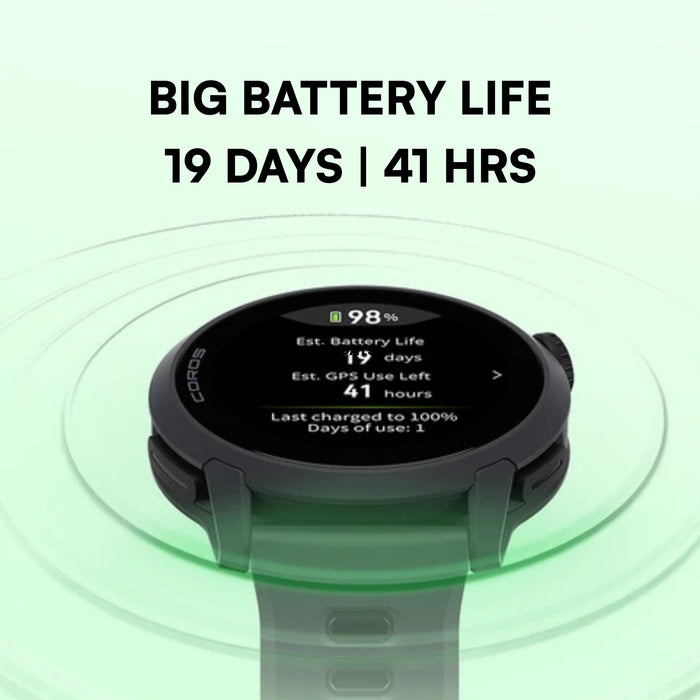 Smartwatch with battery life display on a light green background