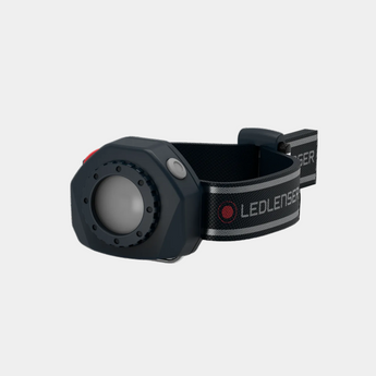Black LED lenser headlamp on a white background