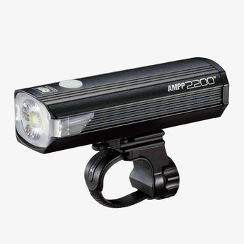 Black bicycle light with 'AMPP 2200' branding on a white background