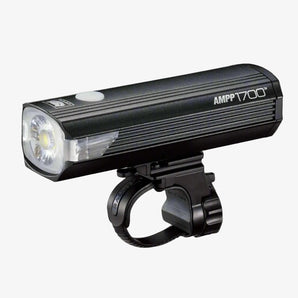 Cateye AMPP 1700 Front Bike Light, black in color with a powerful LED light, mounted on a bike light bracket.