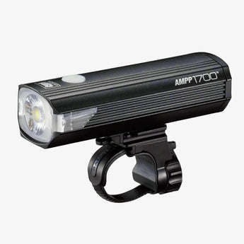 Cateye AMPP 1700 Front Bike Light, black in color with a powerful LED light, mounted on a bike light bracket.