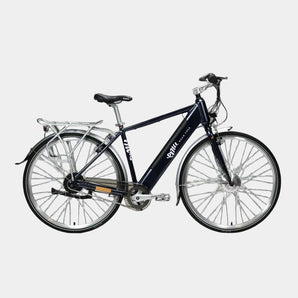 Black bicycle with visible branding on a white background