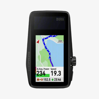 A COROS DURA Solar GPS Bike Computer displaying a map and ride metrics on its screen, mounted on a bicycle stem.