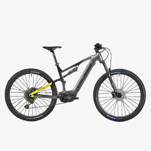 Gray electric bicycle with yellow accents on a gray background