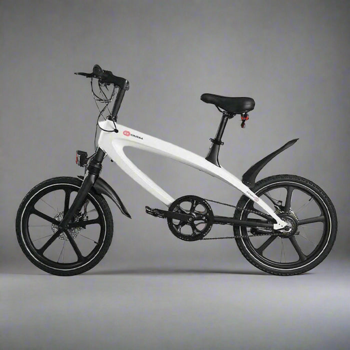 White bicycle with black wheels on a white background