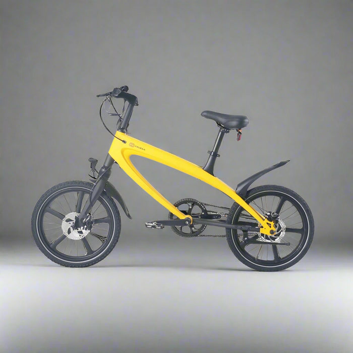 Yellow bicycle with black components on a white background