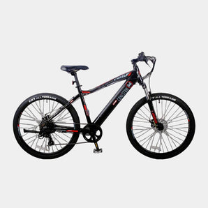 Black bicycle with red accents on a white background