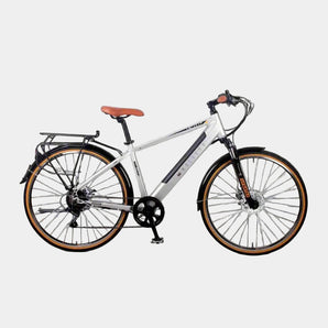 White bicycle with brown seat on a white background