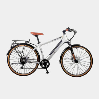 White bicycle with brown seat on a white background