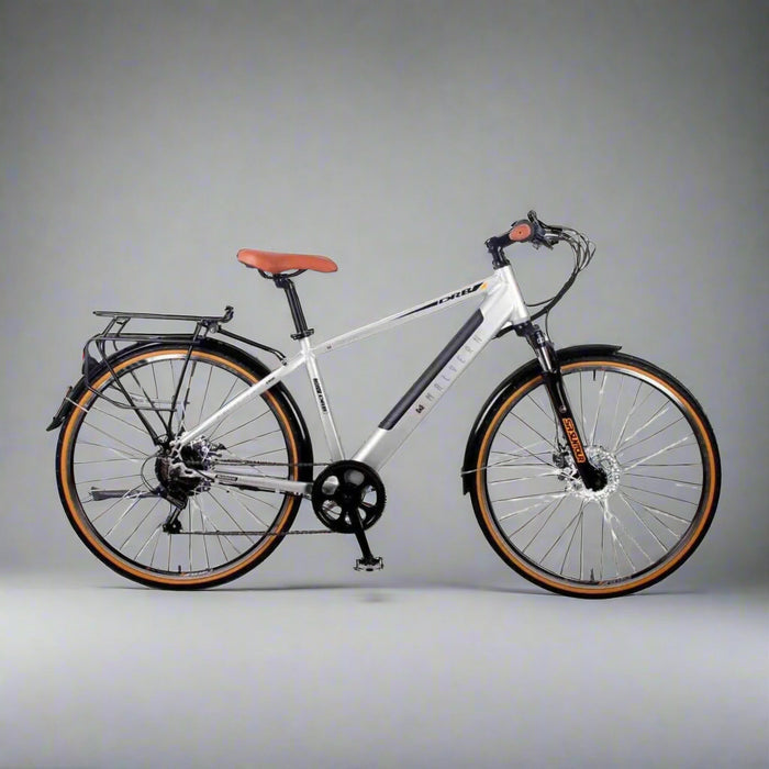 White bicycle with brown seat on a white background