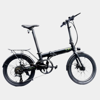 Black folding bicycle on a grey background