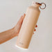 Beige water bottle with rose gold cap held by a hand on a light background