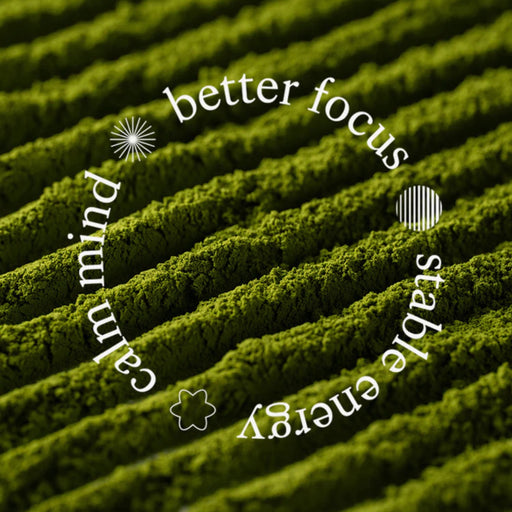 Text on a green textured background with words like 'better focus', 'stable energy', and 'calm mind'.