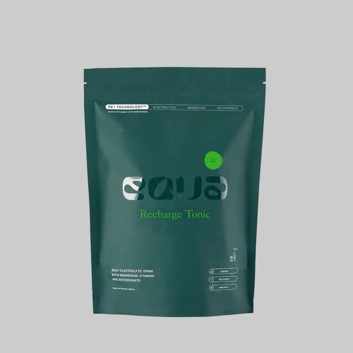 Green package of 'Recharge Tonic' on a white background